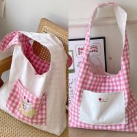 Bolso Vintage de dos caras a cuadros para mujer, bolso de hombro con entramado de ocio de estilo japonés, bolso de mano de lona para ir al trabajo al aire libre - details 4