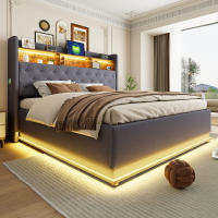 Cama tapizada LED 180 x 200 cm, Cama acolchada con puerto de carga USB y almacenamiento hidráulico, tela de lino agradable para la piel, Gris (Sin colchón) - details 10