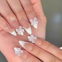 24pcs Uñas Postizas Cortas En Forma De Almendra Con Borde Redondo Y Perlas Blancas Diseño Francés Lindo Y Dulce Para Uso Diario - details 5