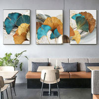 Lienzo de Pintura Moderna Nórdica en Azul y Oro con Hojas de Plantas y Ginkgo Abstracto para Decoración de Sala de Estar - details 1