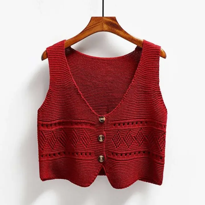 Suéter Largo sin Mangas con Cuello Holgado Moda Coreana Chaleco de Punto Perforado - 1