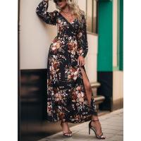 Vestidos elegantes de moda con cuello en V y mangas primavera otoño nuevo vestido largo estético con flores para mujeres calientes - details 4