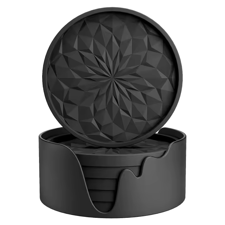 Posavasos de silicona con soporte para bebidas, posavasos para bebidas calientes o frías, bandeja gruesa antideslizante, antiadherente, color negro, paquete de 6 - 1