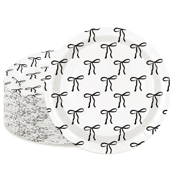 50Placas de Papel con Lazo Negro 9 Pulgadas Dineros Desechables para Fiesta de Cumpleaños, Infiérstis, Sabor a Dulces Suministros de Mesas de Cocina y Comedor - 1