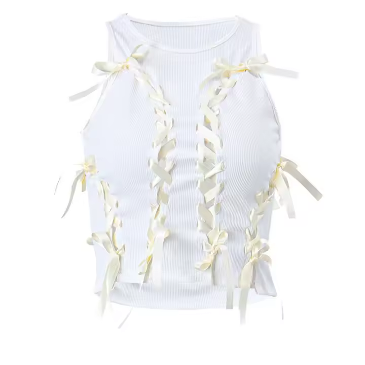 BUNO-Top corto de vendaje cruzado con lazo estético para mujer, camiseta Kawaii acanalada sin mangas con cuello redondo, ropa de calle de moda, chaleco ajustado bonito - 1
