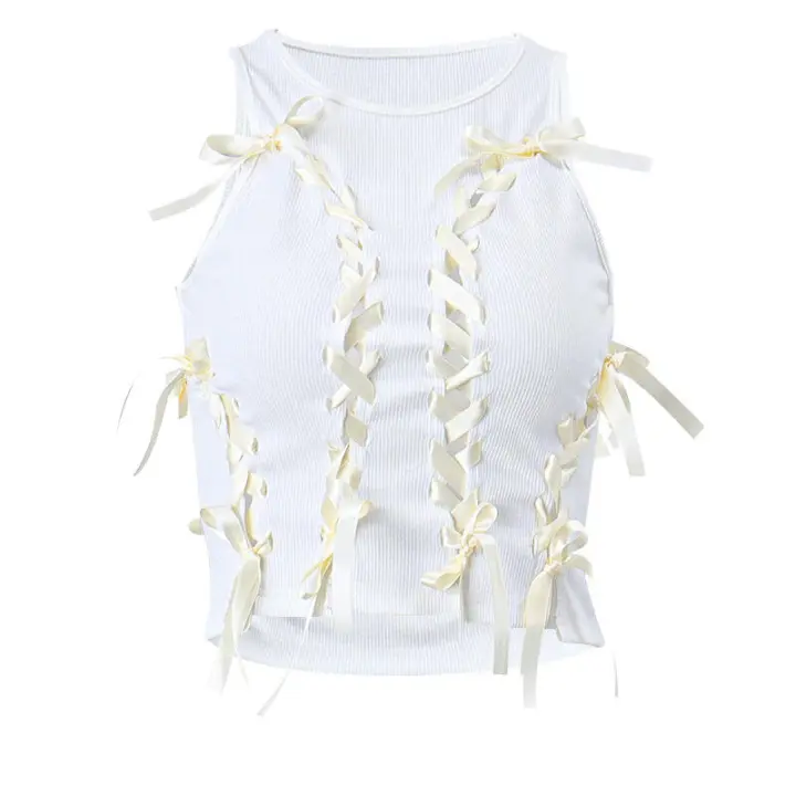 BUNO-Top corto de vendaje cruzado con lazo estético para mujer, camiseta Kawaii acanalada sin mangas con cuello redondo, ropa de calle de moda, chaleco ajustado bonito - 1