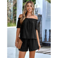 Conjunto de dos piezas de manga corta holgado de color sólido con hombros descubiertos informal para mujer, nueva colección primavera verano - details 5