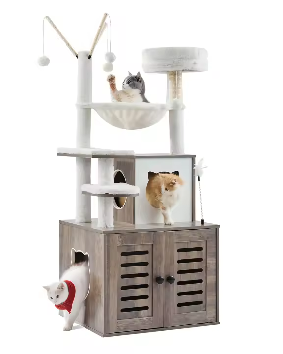 SucceBuy Árbol para gatos grande con caja para arena, 54.33 pulgadas de alto, condominio 2 en 1 de varios niveles con postes rascadores de sisal, perchas y hamaca para gatos de interior - 1