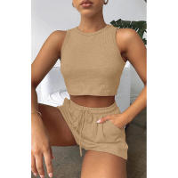 Conjunto de dos piezas de verano para mujer, chaleco sin mangas de color sólido con textura gofre y pantalones cortos casuales de moda. - details 44
