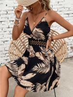 Vestido estampado Vestido camisero con inserto de encaje y abertura de playa de verano para mujer Correa para el hombro Temperamento de pecho bajo Sexy - details 3