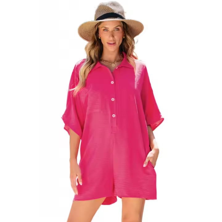 ELRACHEN Mono suelto con cuello de medio botón para mujer, rosa brillante, tallas XS-3XL - 1