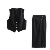 BUNO-Conjunto de 2 piezas para mujer, chaleco y falda azules, elegante, informal, coordinado, cintura alta, adelgazante, doble botonadura, mezclilla dividida, Midi - details 3