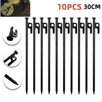Clavos de acero resistentes para el suelo, clavijas de acampada con agujeros colgantes, resistentes al viento, para tienda de campaña, 30cm, 10 piezas - details 1