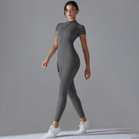 Body de yoga para mujer, ropa moldeadora deportiva de manga corta, traje de gimnasio de una pieza, nailon de color sólido - details 14