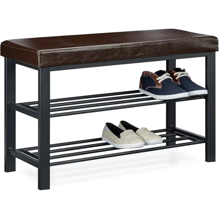 Organizador de Zapatos Banco Zapatero Recibidor de Entrada, Vestidor de Metal-Cuero Sintético, 2 Pisos, 49x81x31 cm, Negro - 1