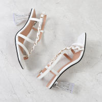 Sandalias de mujer de talla grande, color sólido, estilo trenzado, tacón alto con tiras y punta cuadrada - details 10