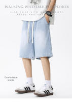 Bermudas anchas suaves y cómodas de color azul claro con cintura elástica de mezclilla Onales para hombre - details 1