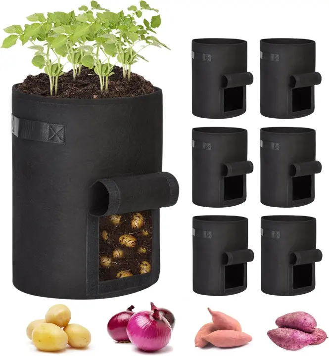 Paquete de 6 bolsas negras para cultivo de patatas de 10 galones con ventana con solapa, contenedor de tela no tejida engrosada para patatas, tomates, zanahorias, verduras y frutas - 1