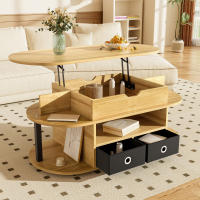 Mesa de centro moderna de madera veteada, con función elevadora, espacio de almacenamiento y cajones de tela negra - Versátil, elegante y práctica para el salón y la oficina - details 0