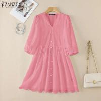 ZANZEA-vestido de mujer de encaje de retales, Vestidos informales de verano y primavera, Vestidos con cuello en A, ropa de calle por encima de la rodilla, vestido veraniego - details 7