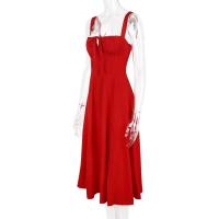 Vestido Midi bohemio de verano con tirantes finos y abertura en el muslo, vestido con lazo en la parte delantera, estampado liso, sin mangas, Vintage, vestidos de playa - details 23