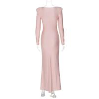 Vestido Formal Ocn para mujer, elegante vestido gris con cuello redondo y manga larga con pliegues y cintura alta, vestido de fiesta de noche - details 11