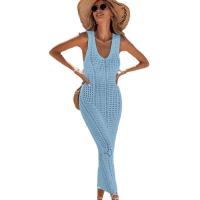 Vestido de blusa de bikini de chaleco largo hueco de punto de color sólido de ropa de playa para mujer - details 1