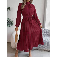 Elegante vestido corto de otoño invierno para mujer, con cuello alto, mangas plisadas y falda larga. - details 33