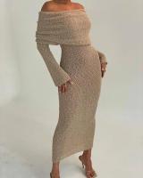 Vestido largo de punto ahuecado con hombros descubiertos para mujer, vestido holgado de manga larga , prendas de punto - details 1