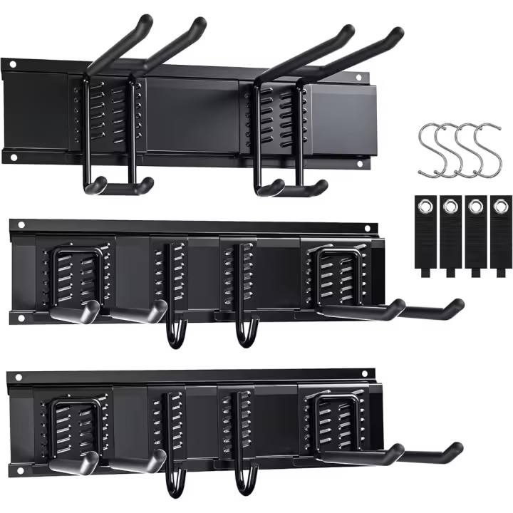 ‎ 42 x 13 x 17 cm Soporte Herramientas Pared,Ganchos Garaje Acero Inoxidable Organizador Herramientas Pared con 14 Ganchos,3 Rieles Deslizables,4 Correas para Esquí Silla Manguera Garaje Jardín - 1