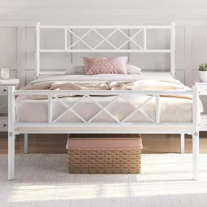 Cama Doble 140 x 200 cm con Espacio Almacenamiento Bajo Marco Metal Altura del Suelo 32 cm Blanco - 1