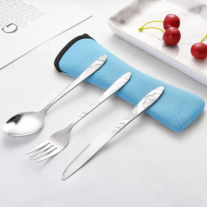 Juego de cubiertos portátiles de acero inoxidable con estuche, cuchillos para carne, tenedor, cuchara, vajilla de Camping familiar, 3 piezas - 1