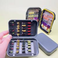 40/102 Uds Kit de moscas para pesca con mosca Surtido de moscas Señuelo de pesca de lubina y trucha con caja para moscas con moscas secas/húmedas Cebos artificiales para moscas Ninfas Streamers Popper Worms - details 1