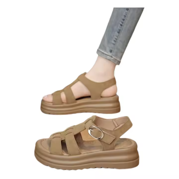 Sandalias romanas de suela gruesa para mujer, para uso al aire libre en verano 2025, nuevas, de piel auténtica, antideslizantes, versátiles, con falda, zapatos casuales. - 1
