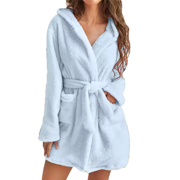 Albornoz de felpa para mujer, ropa de dormir cálida para el hogar con capucha de color sólido - 1