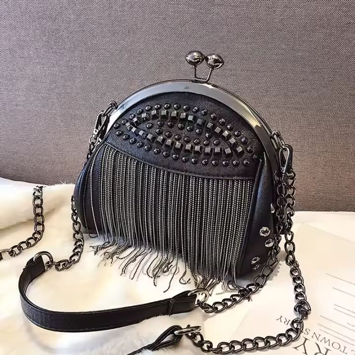Bolso de mano con cierre de beso de moda de nicho, bolso de cadena de hombro con decoración de borlas novedosas y remaches para mujer - 1