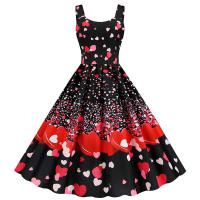 Women vintage spaghetti strap floral print high waist elegant sleeveless a-line party midi dress - details 53