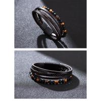 Pulsera de hombre ins pulsera de hebilla magnética de ojo de tigre tejida con viento, pulsera retro de cuero PU de piedra natural. - details 4