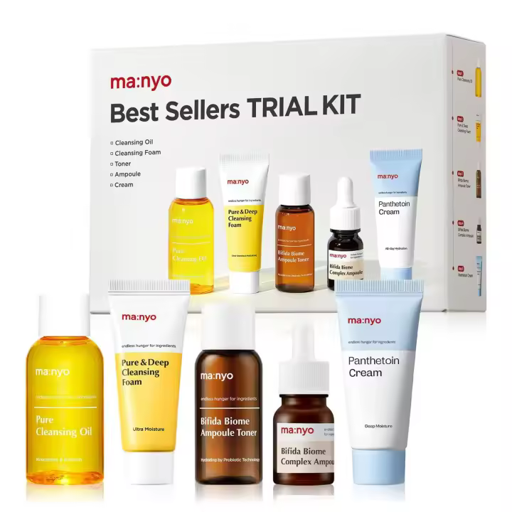 ma:nyo Best Sellers Kit Tamaño de viaje Set de prueba y regalo Aceite, Espuma limpiadora pura, Ampolla, Tónico Bifida Biome, Crema Panthetoin | - 1