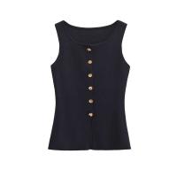 TRZA-Chaleco de punto para mujer con botones dorados, suéter sin mangas, cuello redondo, tops elegantes, chaleco de mujer, moda - details 5