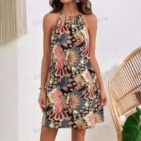 Vestidos bohemios de verano para mujer, vestido Vintage con estampado integral y cuello Halter, Vestidos de vacaciones con temperamento colgante sin mangas - details 1