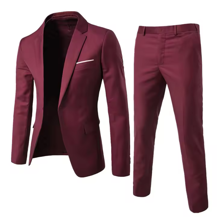 Conjunto de Pantalones y Abrigo para Hombre Traje de Negocios Ajustado de Manga Larga con Correa y Botones Únicos - 1