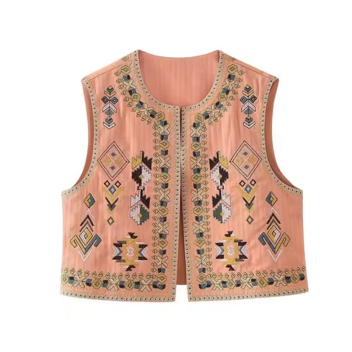 BUNO-Chaleco corto bordado con frente abierto para mujer, nuevo estilo de otoño, moda ajustada, mezcla de poliéster de alta calidad - 1
