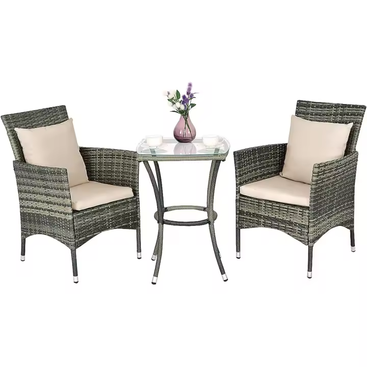 Conjunto Muebles de Jardín Ratán de 3 Piezas, 2 Sillas con Cojines y 1 Mesa de Vidrio Templado, Mesa y Sillas Terraza Terraza Patio Balcón (Beige) - 1