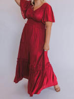 Vestido largo de encaje formal con cuello en V para mujer, con volantes y flecos, manga corta, estilo bohemio, para invitados de boda - details 13