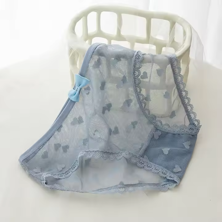 Bragas elásticas de malla dulce de algodón con entrepierna para chica, bragas con lazo de cintura media, bragas estampadas de encaje, ropa íntima con corazón para mujer - 1