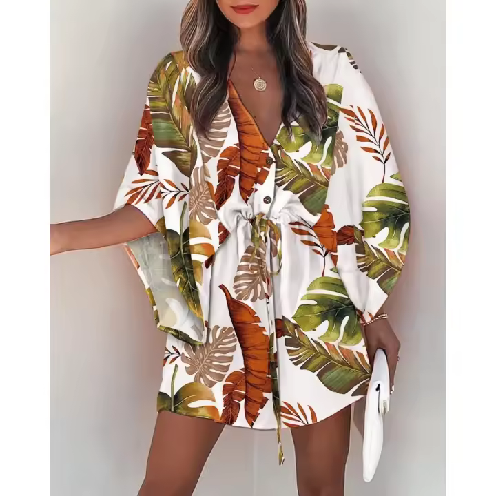 Vestido casual de vacaciones con cordones y manga con cuello en V Ropa de verano para mujer - 1