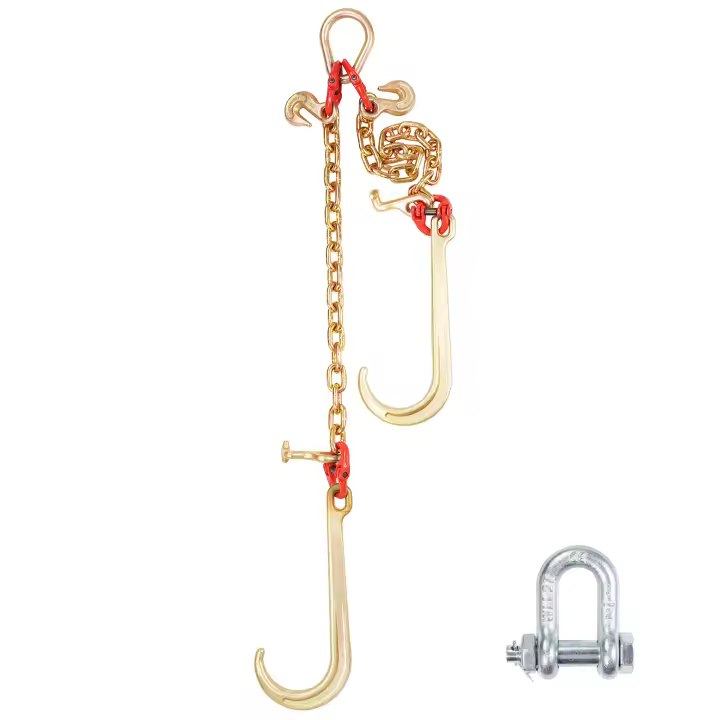 SucceBuy Cadena de brida G80 V, cadena de remolque de 3/8" x 2' con ganchos en J, ganchos en T y ganchos de agarre, cadena de remolque de transporte resistente para recuperación de grúas, carga de trabajo segura de 7800 libras - 1
