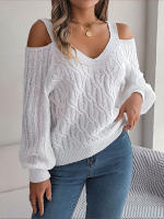 Jersey con cuello en V para mujer, manga farol, Color sólido, torceduras de masa frita, suéter informal suelto, Tops de moda, otoño e invierno, 2023 - details 3
