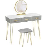 Tocador con luces LED y taburete de terciopelo, 3 cajones, blanco dorado gris - details 7